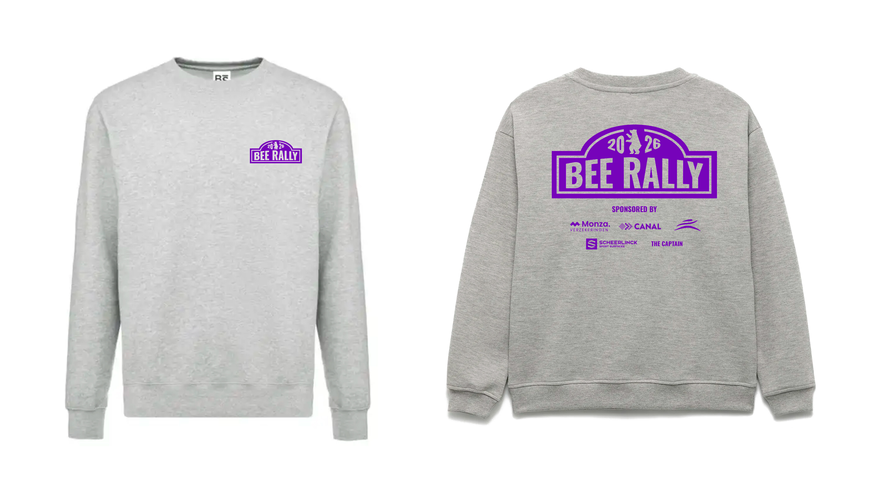 De Bee Rally sweater, voor- en achterkant — grijze sweater met paars logo